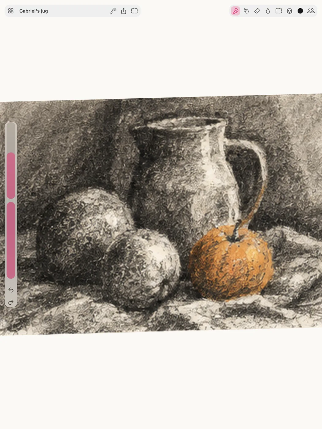 A charcoal still life painted in Smudjo