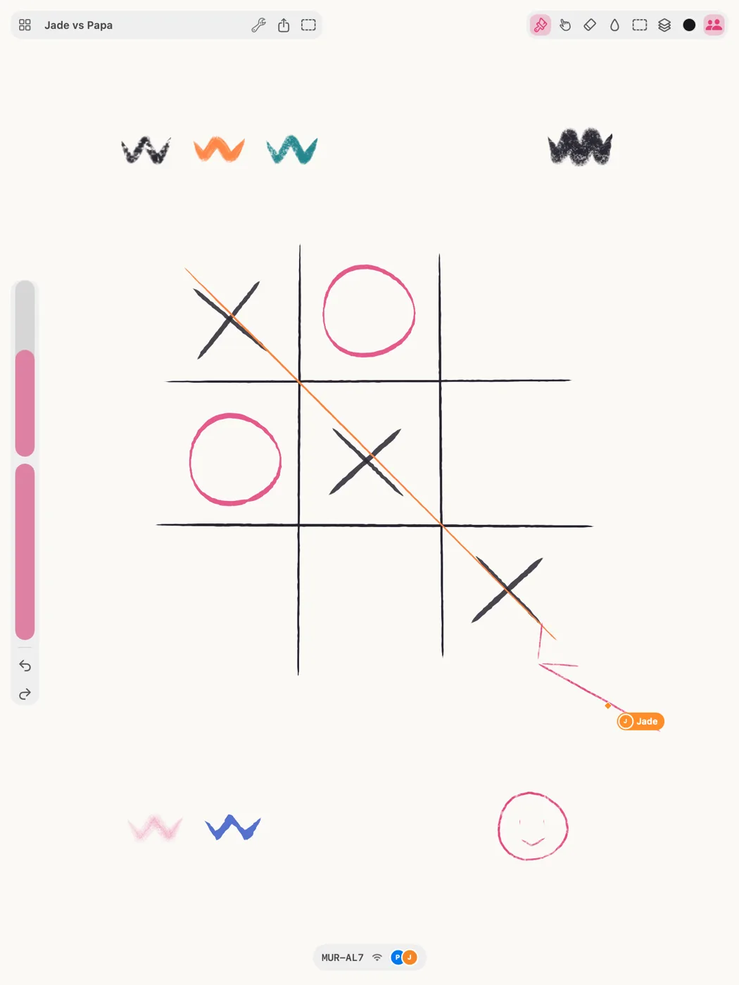 Two people playing noughts and crosses on one Smudjo canvas, with a live cursor